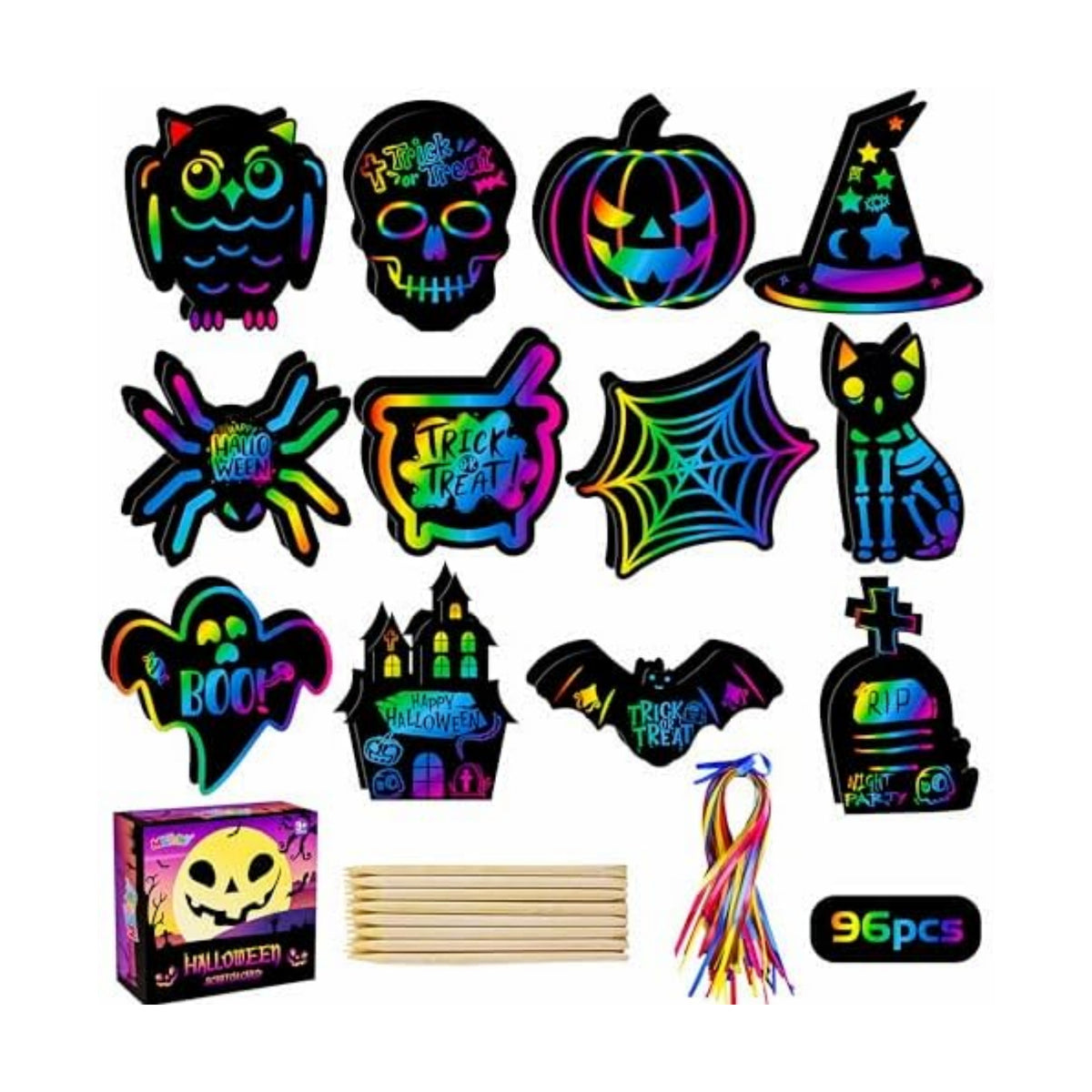 MGparty Halloween Crafts for Kids, 96PCS Rainbow Scratch Art Cards Bulk Set