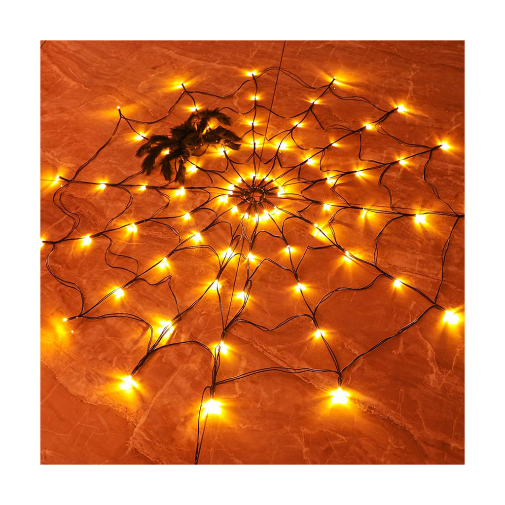FUNPENY Halloween 80 LED Orange Spider Web Lights with Spider, Battery Powered 8 Modes Light up Cobweb Halloween Decorations for Indoor Ourdoor Garden Yard Home Patio (Orange)