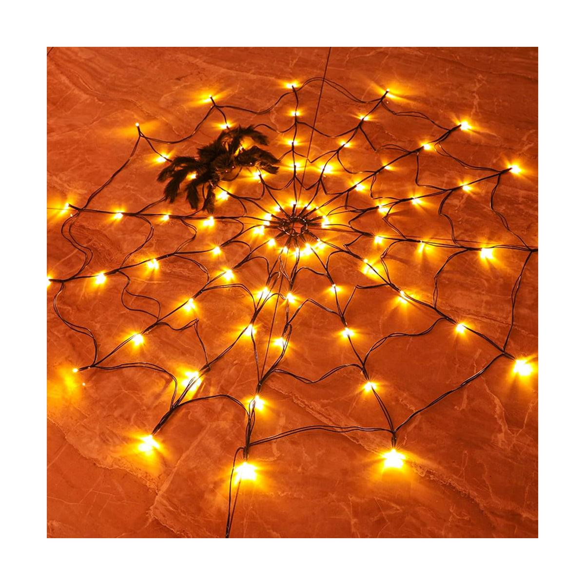 FUNPENY Halloween 80 LED Orange Spider Web Lights with Spider, Battery Powered 8 Modes Light up Cobweb Halloween Decorations for Indoor Ourdoor Garden Yard Home Patio (Orange)