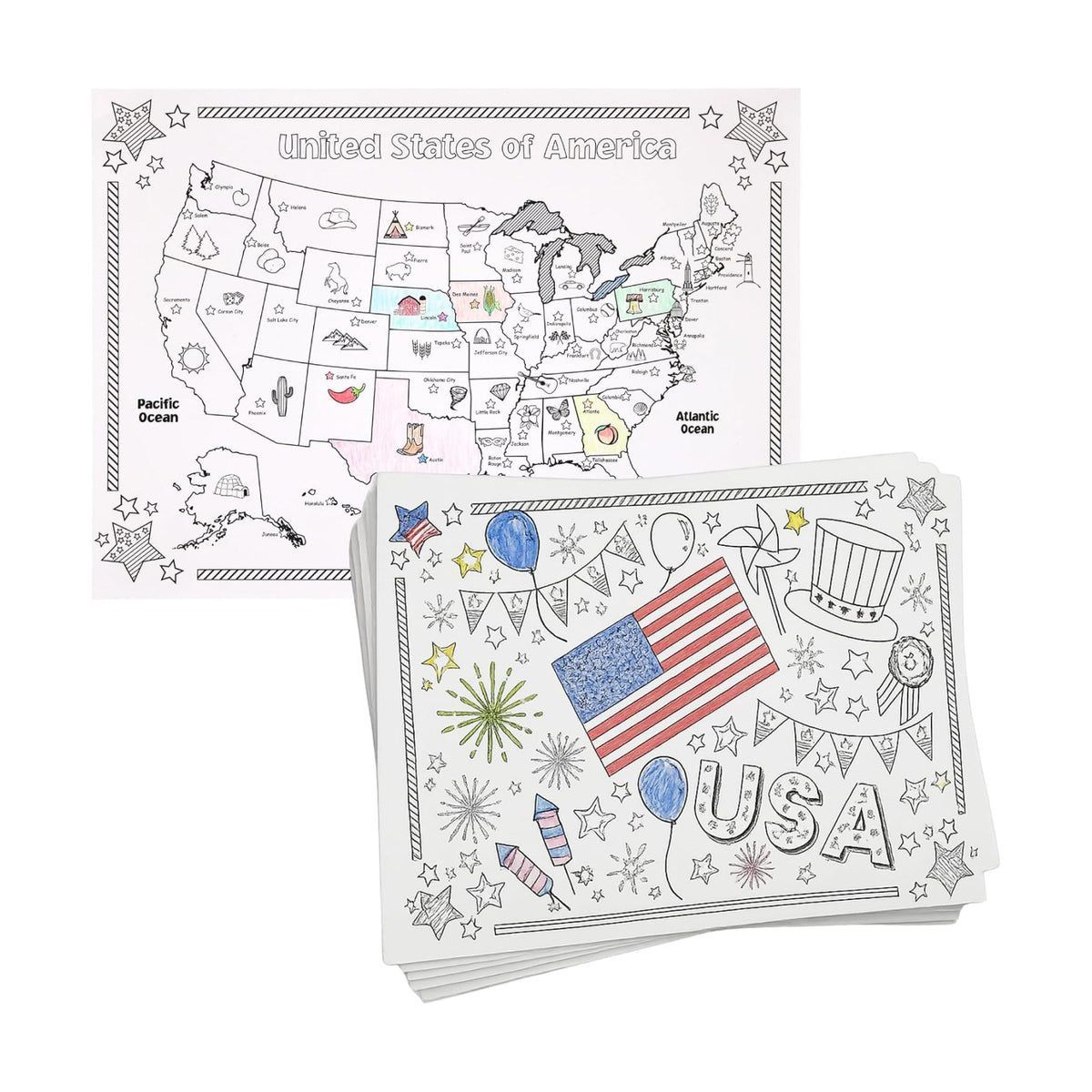 Iconikal Patriotic Coloring Placemats 22 Double-Sided 14x10