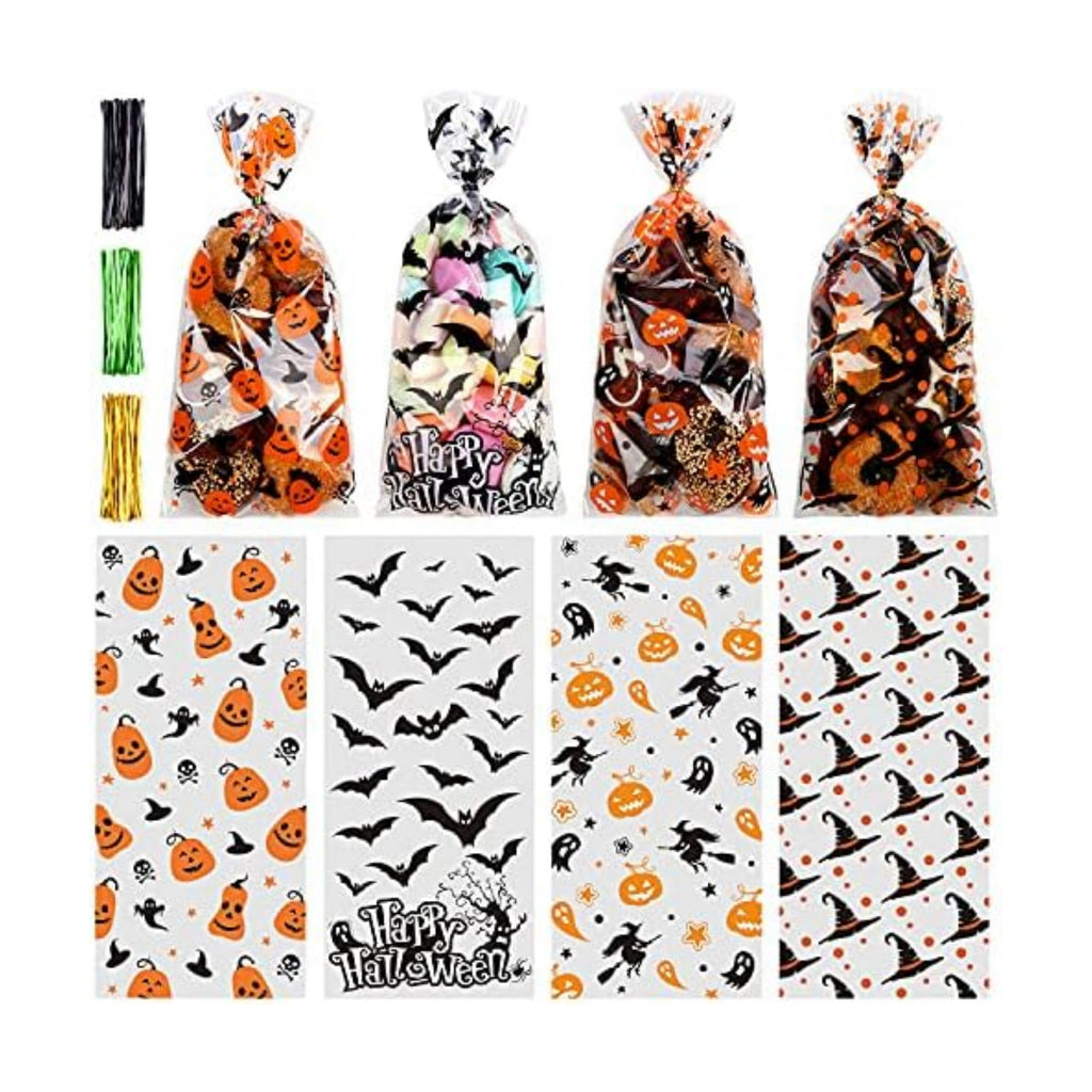 STEFORD Halloween Cellophane Bags,180 PCS Halloween Clear Cellophane Candy Gift Treat Bags for Party Favors Supplies