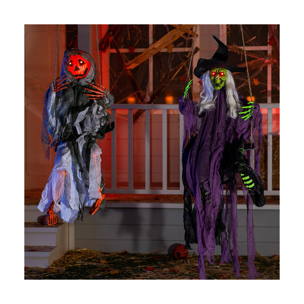 JOYIN 2 Pcs Halloween Hanging Swinging Ghosts Decorations Outdoor, Witch and Pumpkin Face with Lighted Up Eyes, Outside for Yard Patio Lawn Garden Party