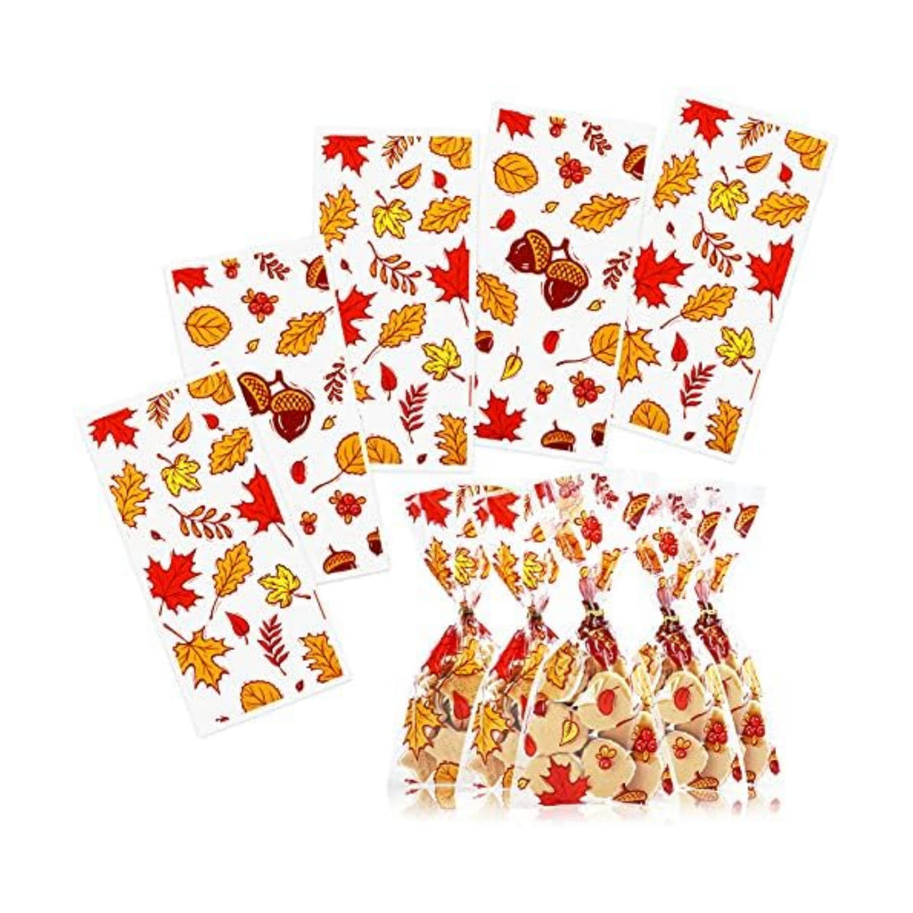 Kesote 100 Pieces Fall Thanksgiving Cellophane Treat Bags, Clear Pumpkin Maple Leaf Goodie Candy Treat Bags Bulk with Twist Ties for Thanksgiving Autumn Fall Party Favor Supplies