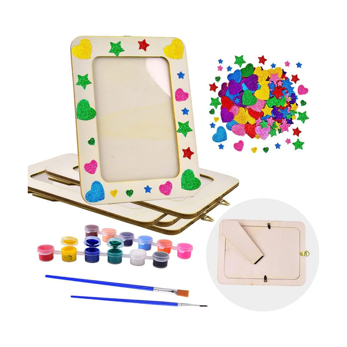 Picture Frame Painting Craft Kit, 5 Packs 6 x 8 inch DIY Wooden Photo Frames with Stand & Clear Protector, Painting Tools Set, Eva Stickers for Gift, Craft, Paint and Decorate