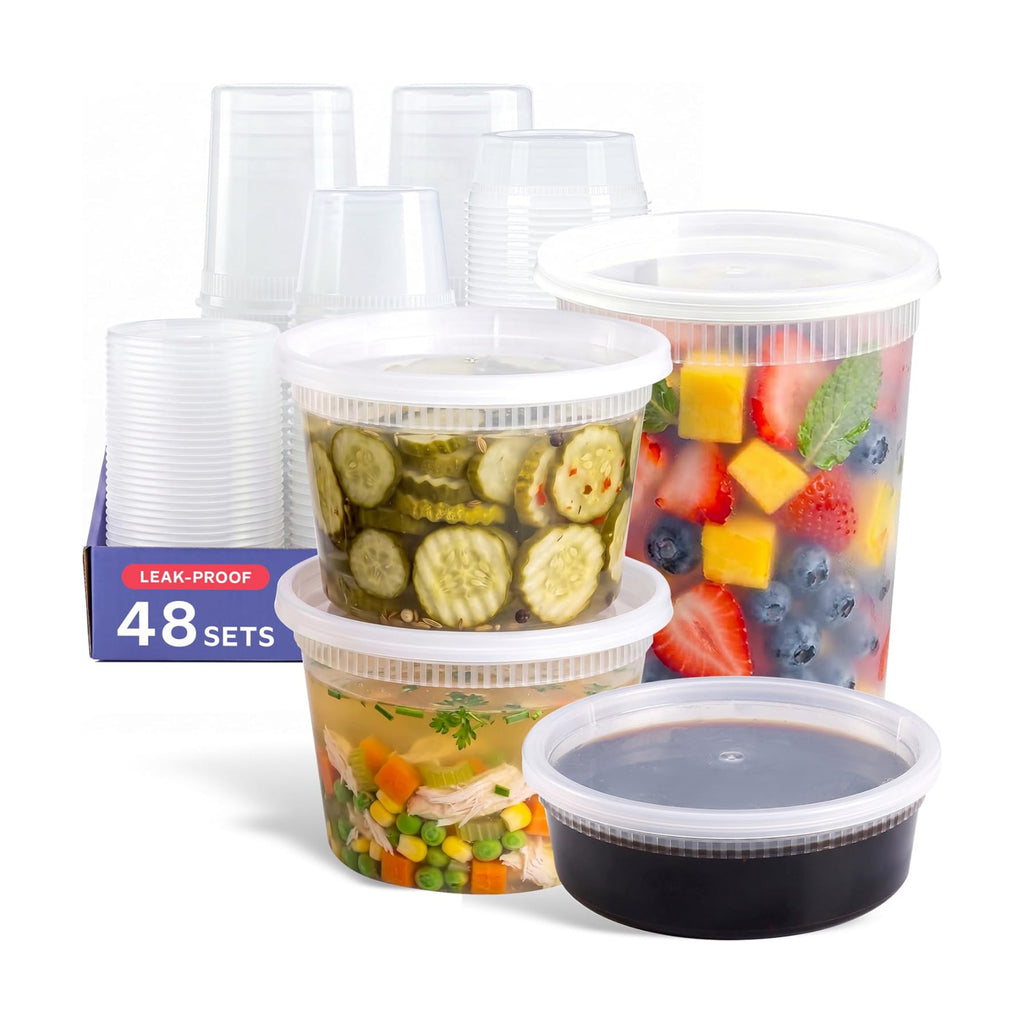 GUSTO Plastic Food Storage Deli Containers with Lids [48 Sets] 8, 16, 32 oz