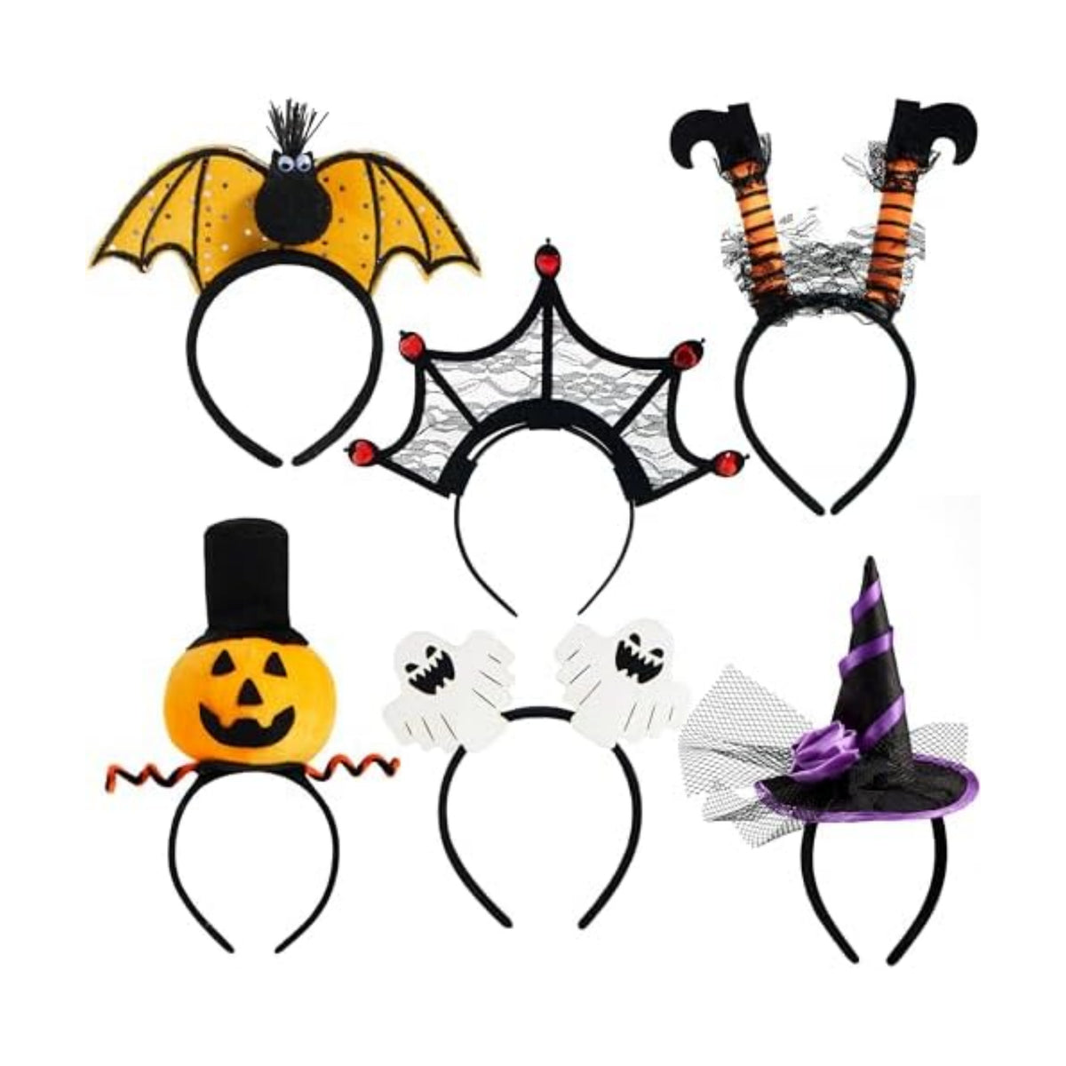 JOYIN 6 Pcs Halloween Headbands Pumpkin, Bat, Witch, Ghost, Witch Legs, Spider Web for Halloween Party, Costume, Trick or Treating, Cosplay Decoration (One Size Fit All)