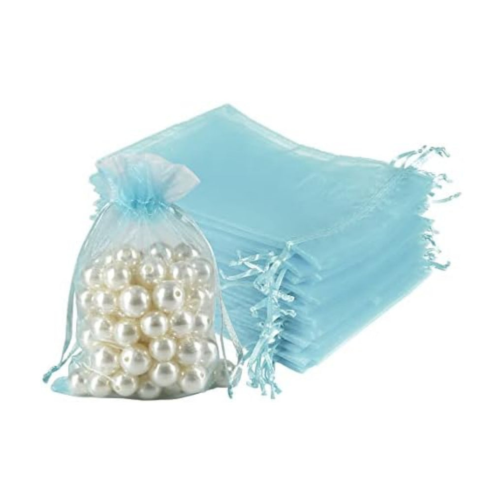 HRX Package 100pcs Organza Favor Bags 4 x 6 inch, Light Blue Mesh Bags Drawstring Sheer Jewelry Pouches for Small Gift Baby Shower Party Candy