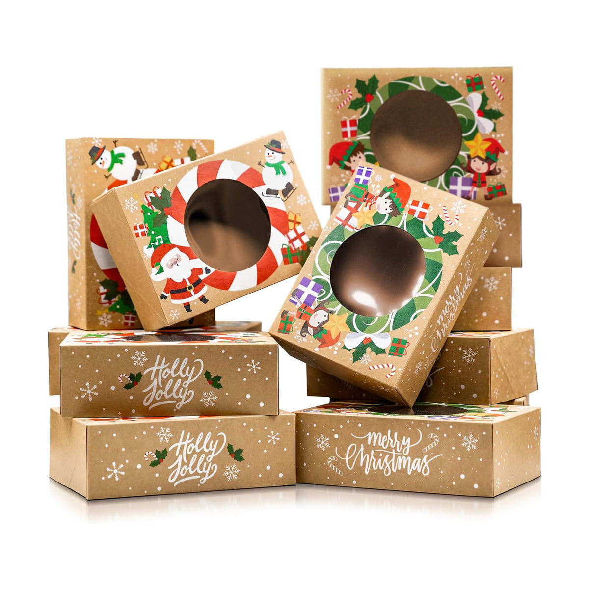 Christmas Cookie Boxes for Gift Giving - 12 Kraft Christmas Cookie Tins With Lids - Sturdy Christmas Treat Boxes, Christmas Tins - Festive Christmas Cookie Box Packaging - Cookie Boxes with Window