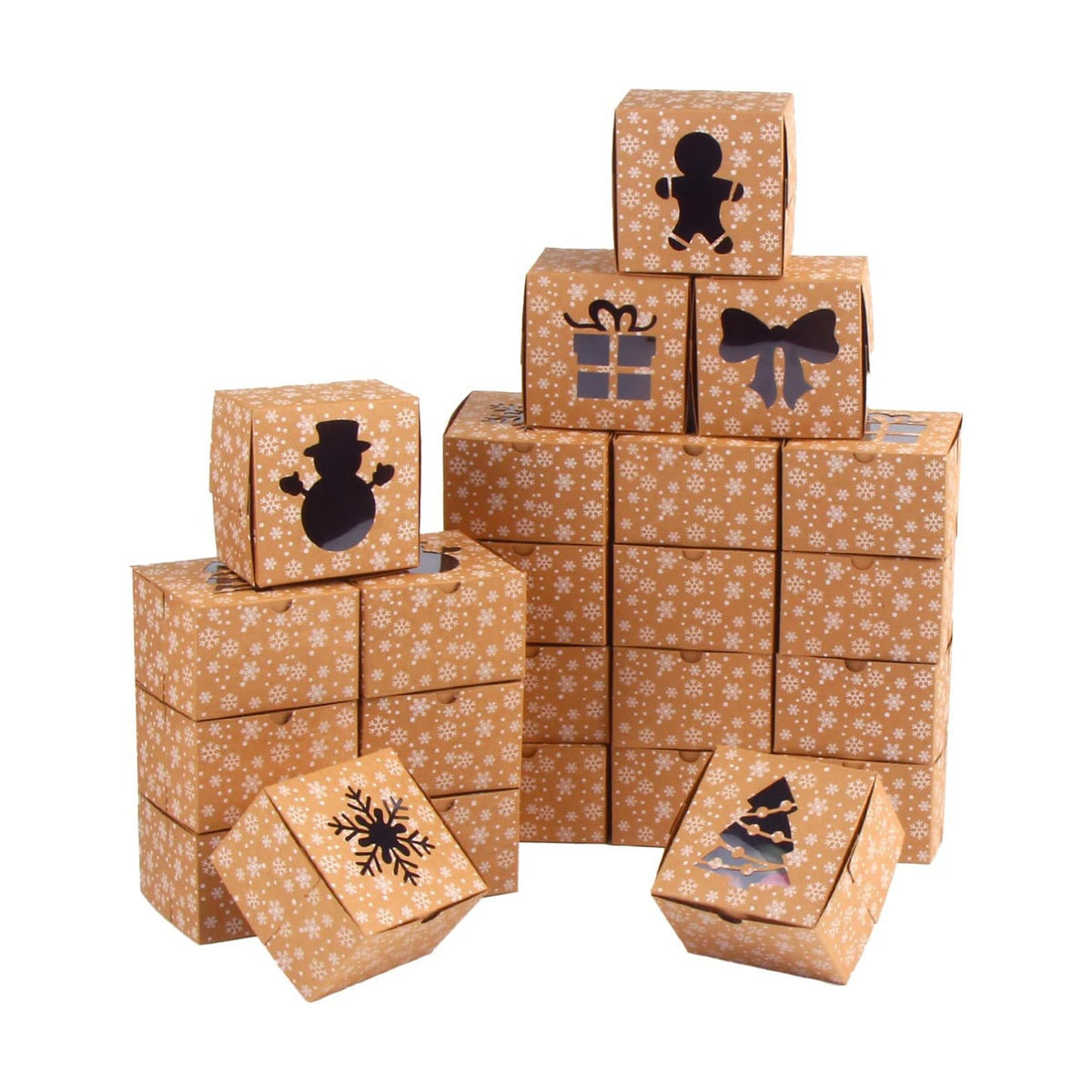 CCINEE Christmas Brown Cardboard Bakery Boxes, 24 Pack 4"x 4"x 2.5" Mini Cookie Boxes with Window Kraft Cake Box for Xmas Cupcakes Cookies Brownies Donuts Truffles Gift-Giving.