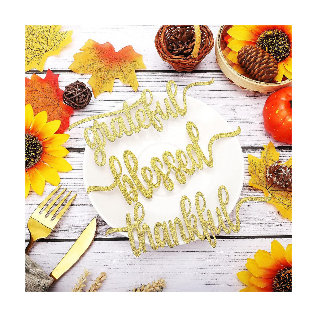 Zonon 30 Pcs Thanksgiving Thankful Table Decor, Gold Glitter Words Cutout