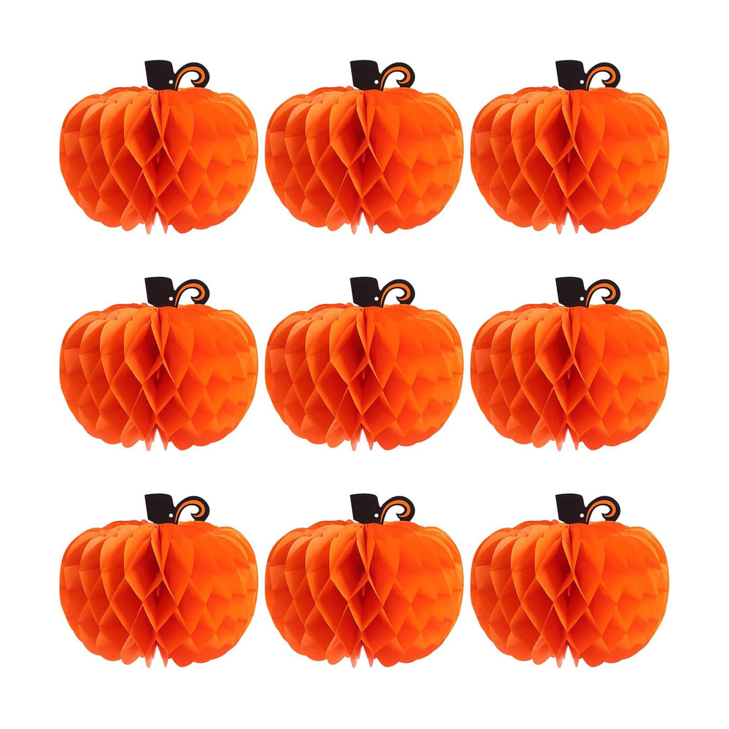 9 Packs Paper Pumpkin Honeycomb Halloween Honeycomb Tissue Paper 3D Pumpkin Honeycomb Ball 10 Inch Hanging Pumpkin Decoration for Halloween Thanksgiving Party (Black Leaf)