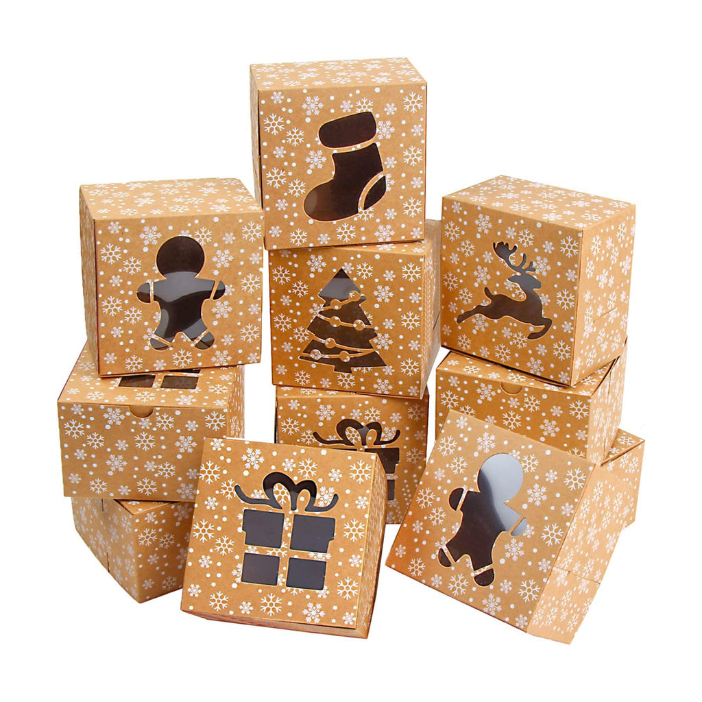 DERAYEE 24Pcs Christmas Cookie Boxes with Window, Holiday Bakery Gift Boxes Small kraft Boxes for Packaging Cupcakes, Candy, Goodies