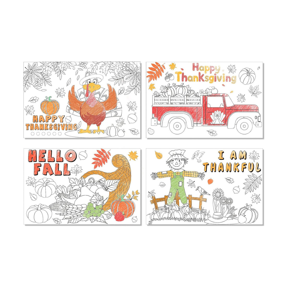 12 Pcs Fall Thanksgiving Placemats Turkey Pumpkin Coloring Activity Paper Placemats Disposable Crafts Table Mats for Adult Thanksgiving Party Supplies, 4 Styles