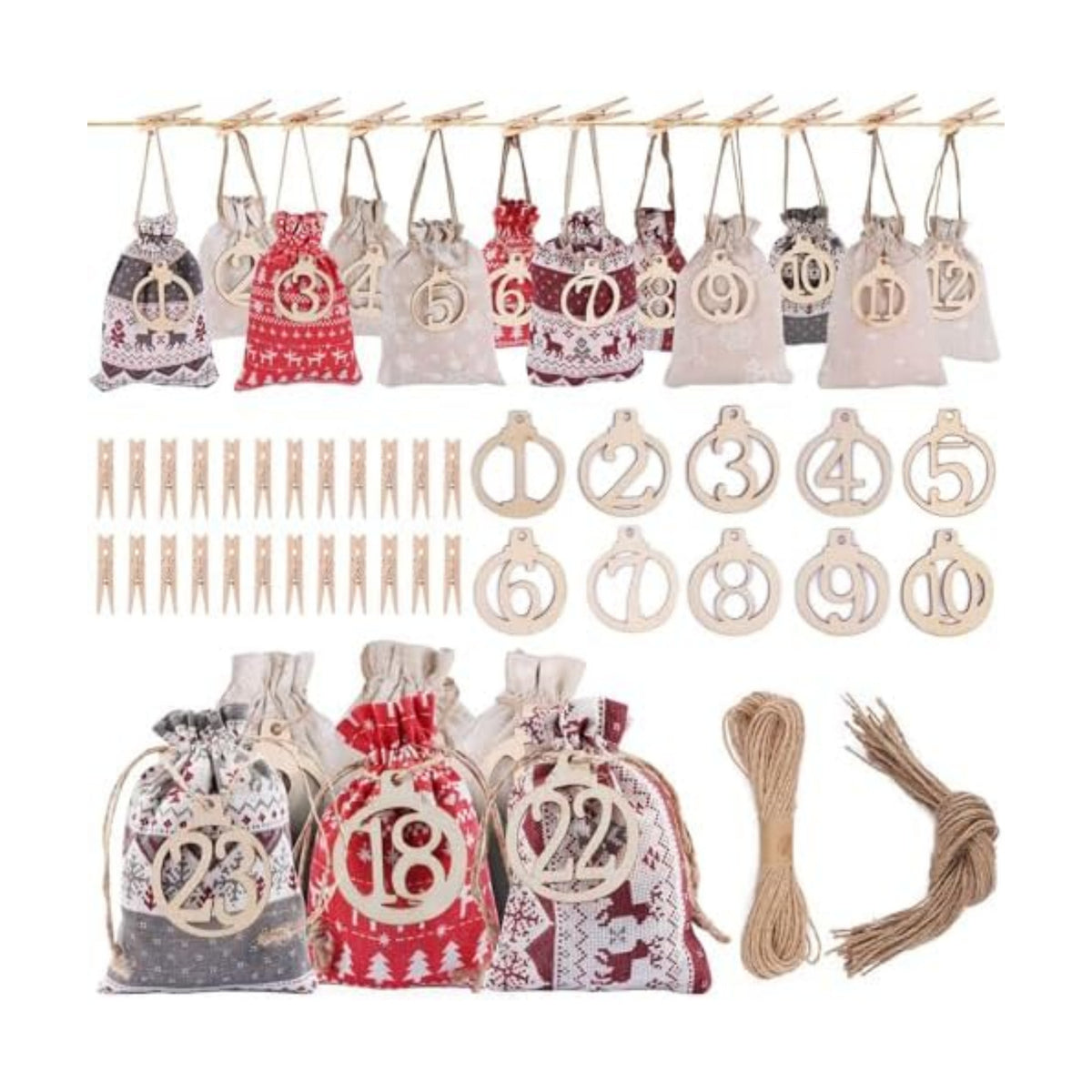 Kalolary Christmas Advent Calendar Bags 24 Days Countdown Calendar Burlap Bags Drawstring Gift Bags for Adults and Kids DIY Candy Bags for Holiday Decorations (Christmas 1)
