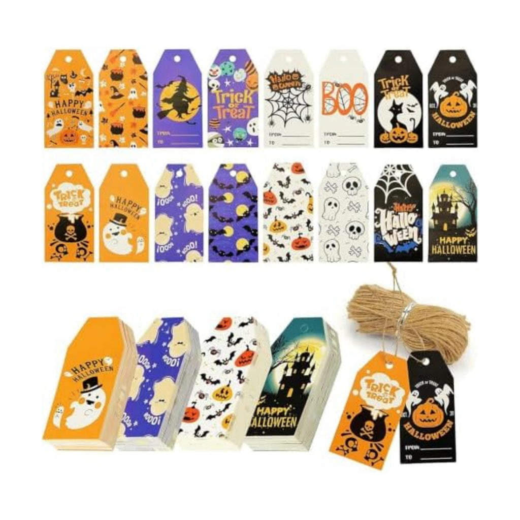 SallyFashion 160 Halloween Tags with String, 16 Styles