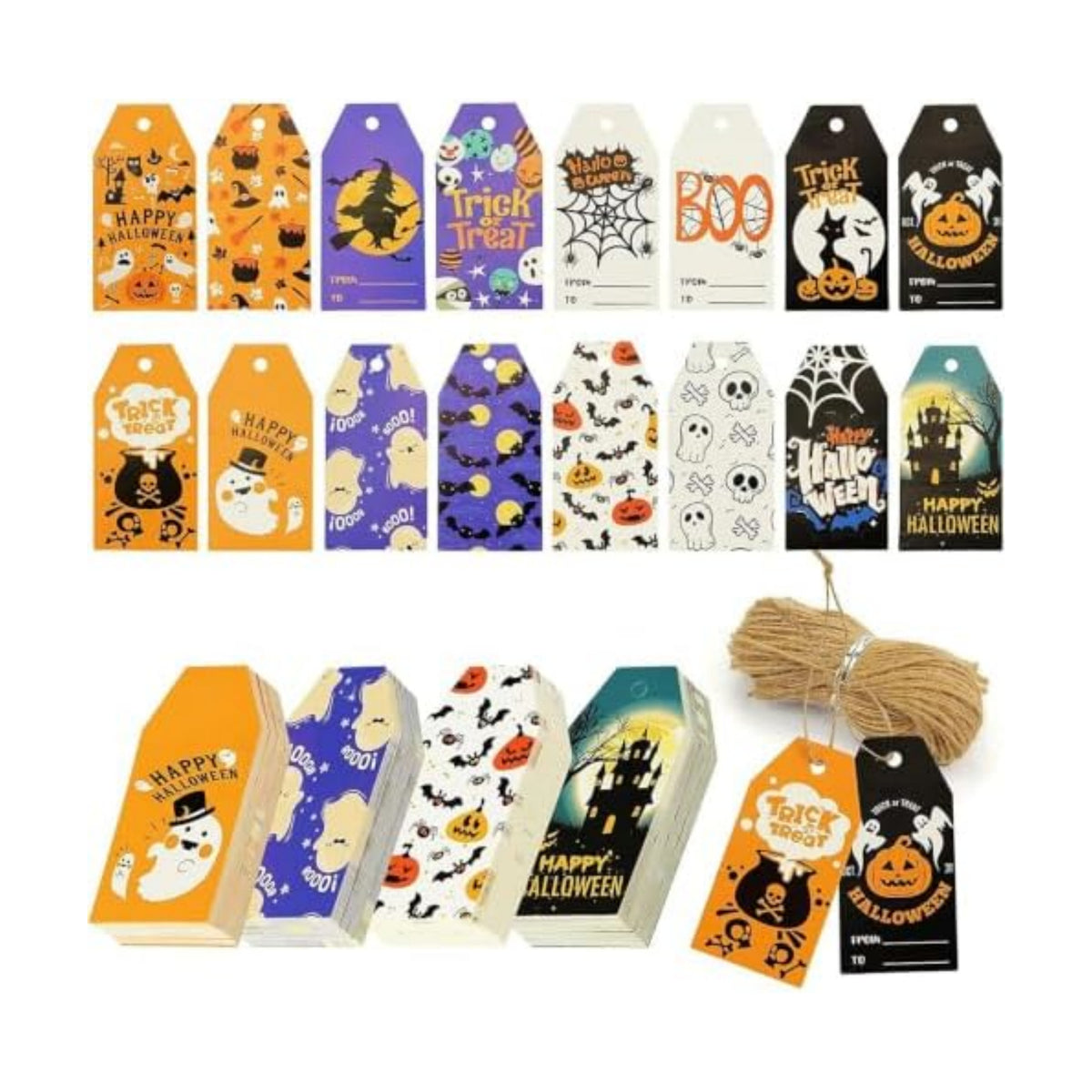 SallyFashion 160 Halloween Tags with String, 16 Styles