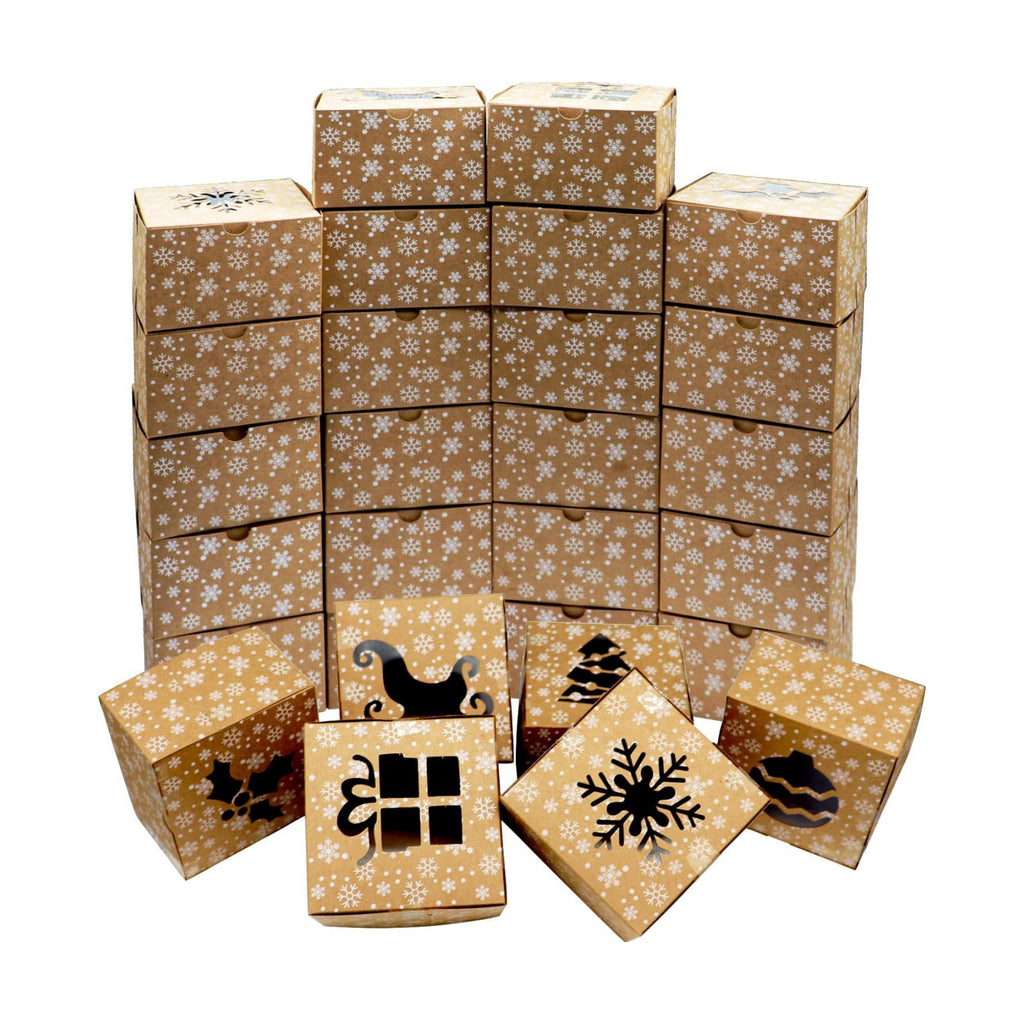 VEYLIN 24Pack Christmas Bakery Boxes with Window, 4“ x 4" x 2.4" Kraft Small Holiday Cookie Boxes for Xmas Gifts Cookie Cupcake