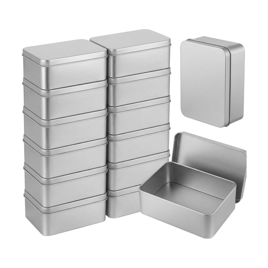 RHBLME 12 Pack Rectangular Tin Boxes with Lids, 4.9 x 3.6 x 1.8 Inch Empty Metal Tin Containers, Silver Storage Tins for Cookies, Candy, Treats, Gifts, Party Favors, Crafts and Small Items