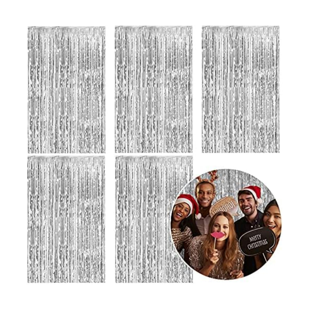 5 Pack Foil Curtain Backdrop Silver Metallic Tinsel Foil Fringe Curtains Photo Booth Props for Birthday Wedding Engagement Baby Shower Bachelorette Christmas Holiday Celebration Party Decorations