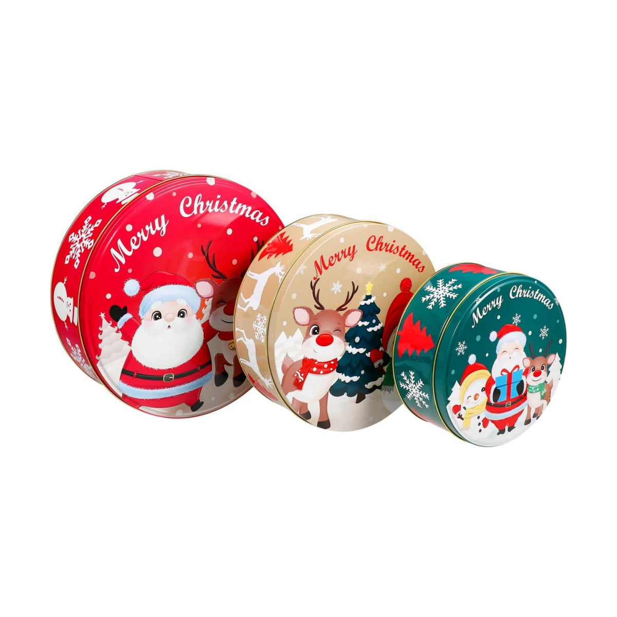 Hemoton Christmas Cookie Tins with Lids for Gift Giving, 3 Pack Round Christmas Tin Containers, Metal Nesting Containers for Holiday Use, Large Medium Small