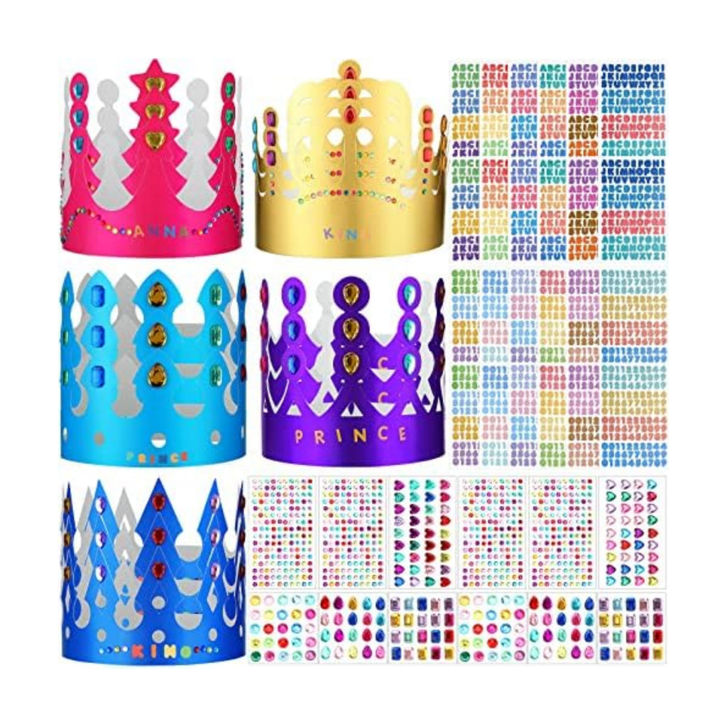 Chinco 76 Pieces Paper Crowns Princess Prince Hats Birthday Party Crowns Craft Jewels Gem Number Letter Sticker for DIY Classroom Decor