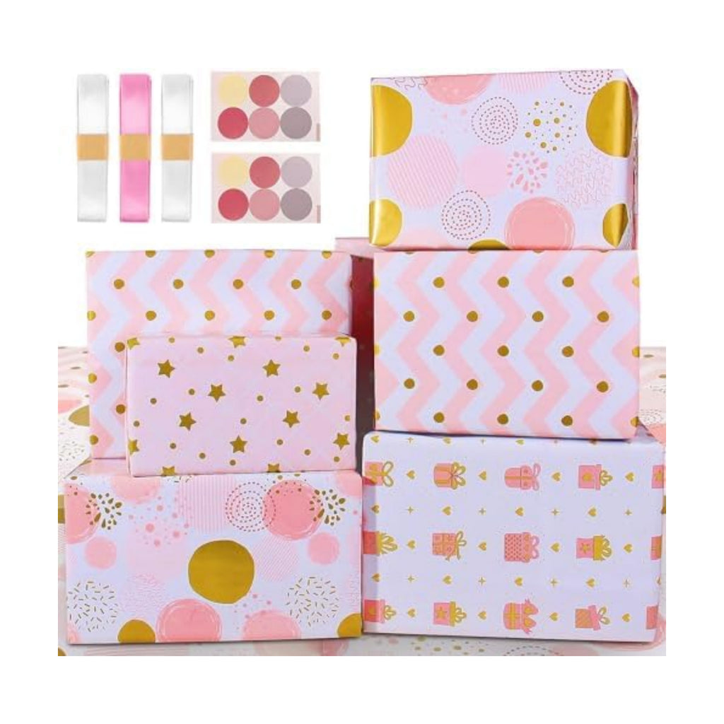 Wrapping Paper Pink Gold Birthday Gift Wrapping Paper for Girls Women-Soft Pink Gift Wrap Paper and Ribbon Sticker,Pretty Present Wrap Folded Sheets for Party,Wedding,Valentine's Day(6 Sheets, 27.5"Lx19.6"W per Sheet)