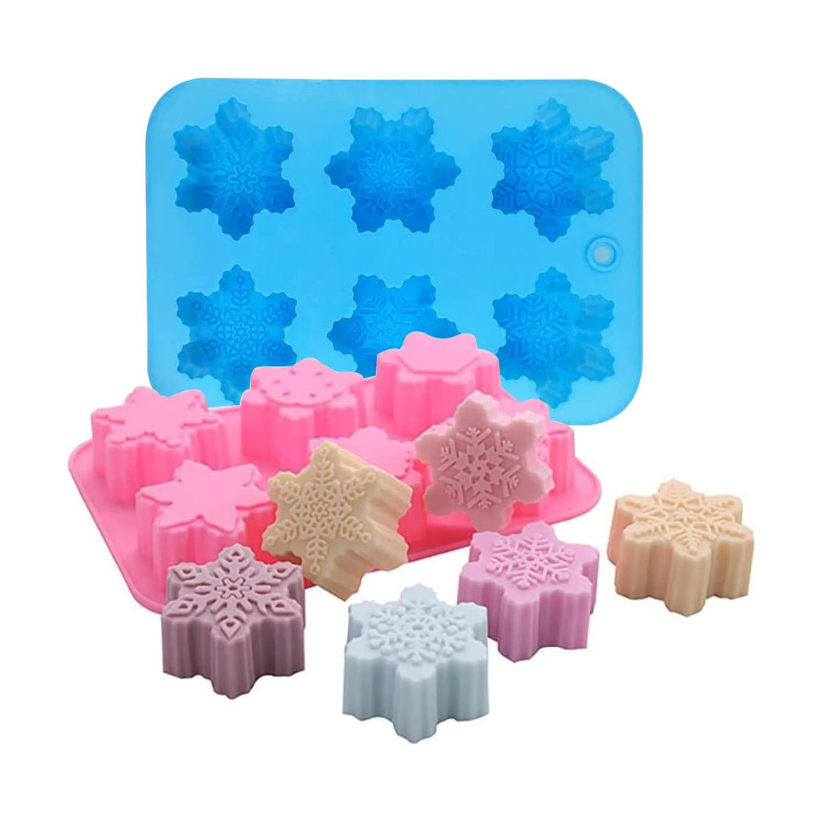 Snowflake Silicone Molds, 2 Pack Cake Pans Cookie Trays Handmade Soap Making Molds Also for Chocolate Mold Pudding Jelly Muffin Ice Cube Tray for Christmas Holiday Party Cake Decor(Pink/Blue)…