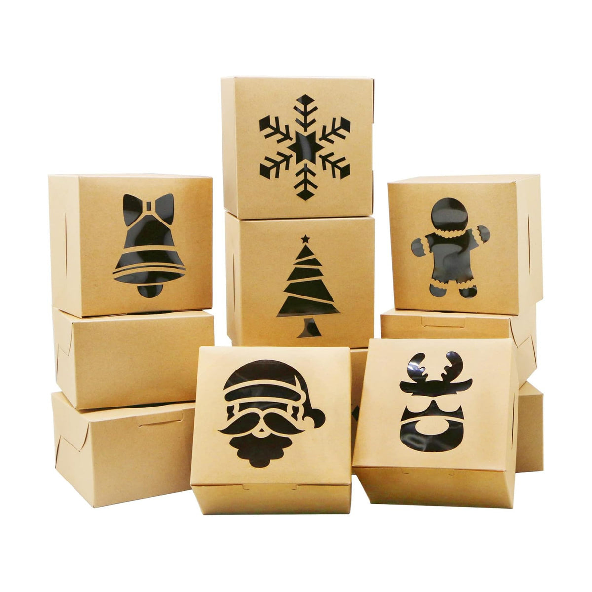 ZMCINER 24 Pieces Christmas Cookie Boxes Christmas Bakery Box with Window for Pastries, Cupcakes, Brownies, Cookies,Donuts, Brown Kraft Bakery Boxes 4"x 4"x 2.5"
