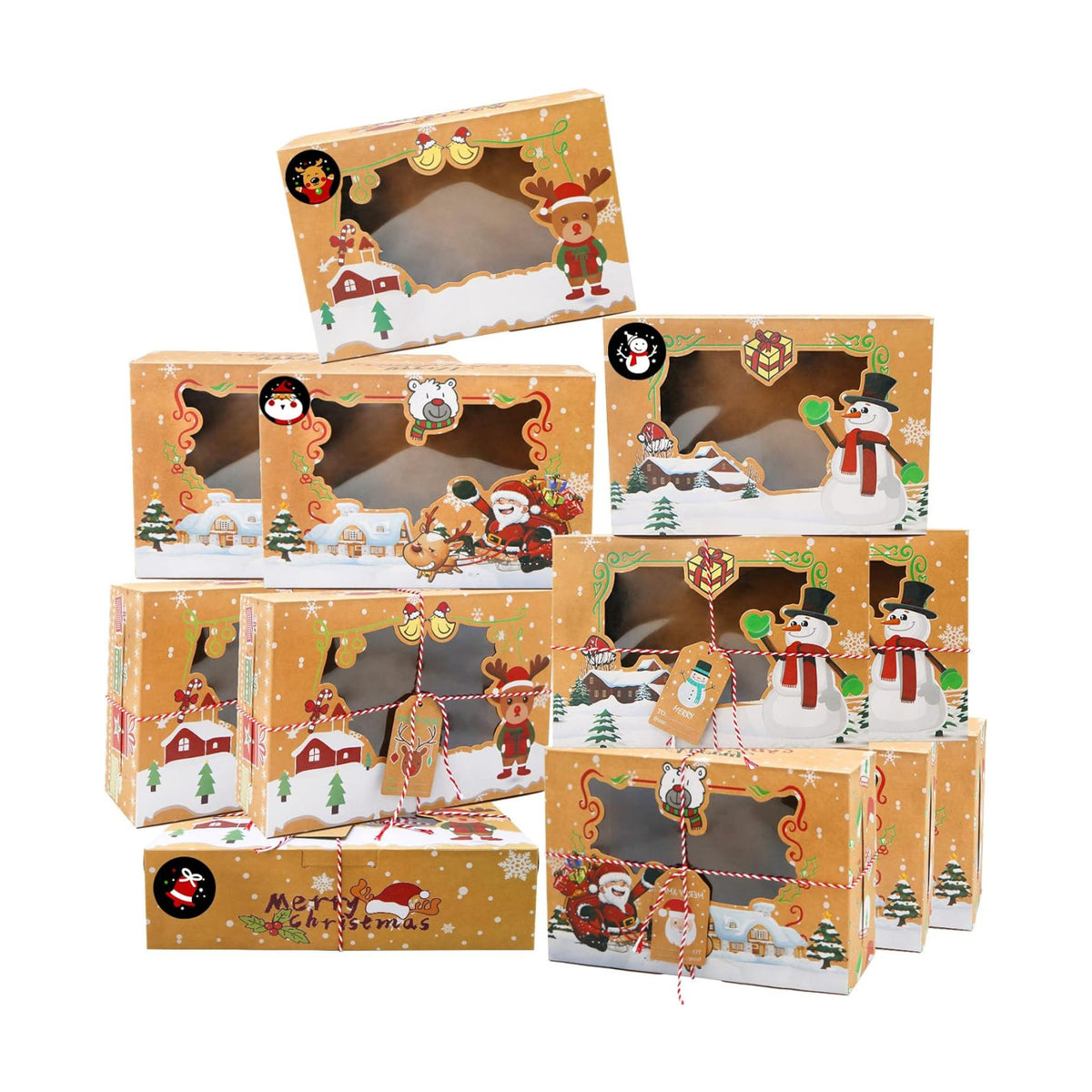 ZMCINER 12 PCS Christmas Cookie Boxes with Window Christmas Bakery Boxes Treat Boxes Baking Boxes for Gift Giving for Pastries, Cupcakes, Brownies, Brown Kraft Bakery Boxes 8.75 x 5.75 x 2.75 Inches