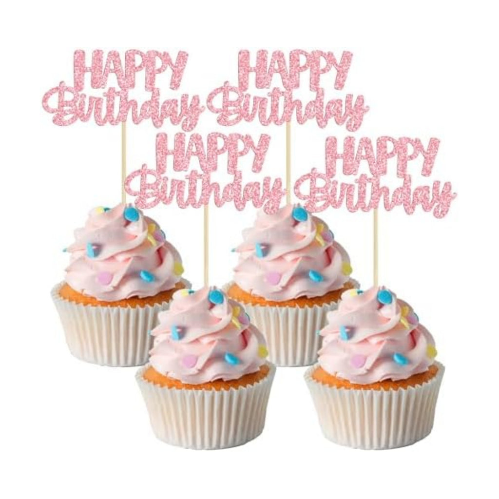 Gyufise 24pcs Happy Birthday Cupcake Toppers - Pink Glitter Celebrating Cake Picks - Baby Shower & Kids Party Decoration Supplies