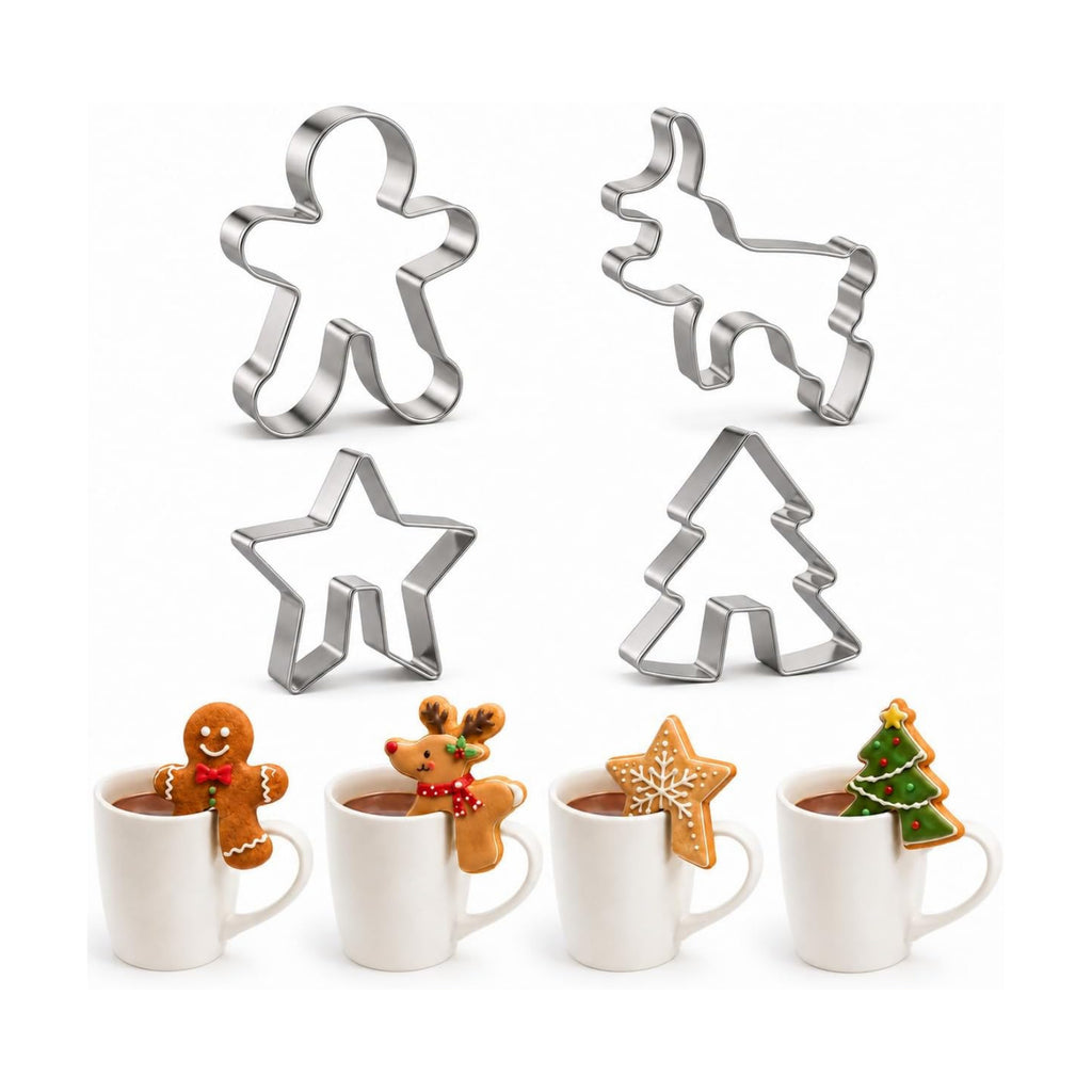 Crethinkaty 4 Pcs Christmas Stainless Steel Hanging Cup Cookie Cutter Over the Edge Mug Rim Biscuit Mould DIY Cake Decoration