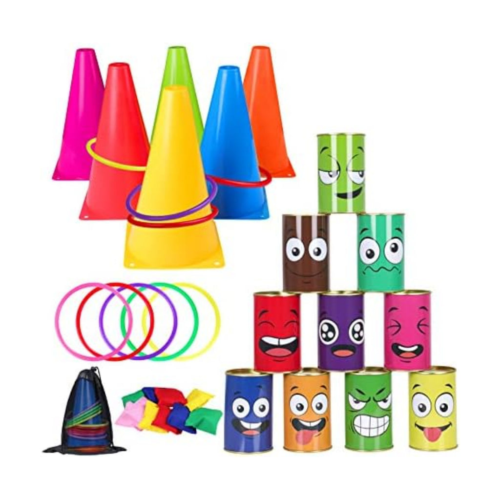 36PCS Carnival Games Combo Set 4 in 1 Bean Bag Toss Can Games Plastic Cone Ring Toss Game for Indoor Outdoor School Field Day Birthday Party Yard Game for Kids Adults