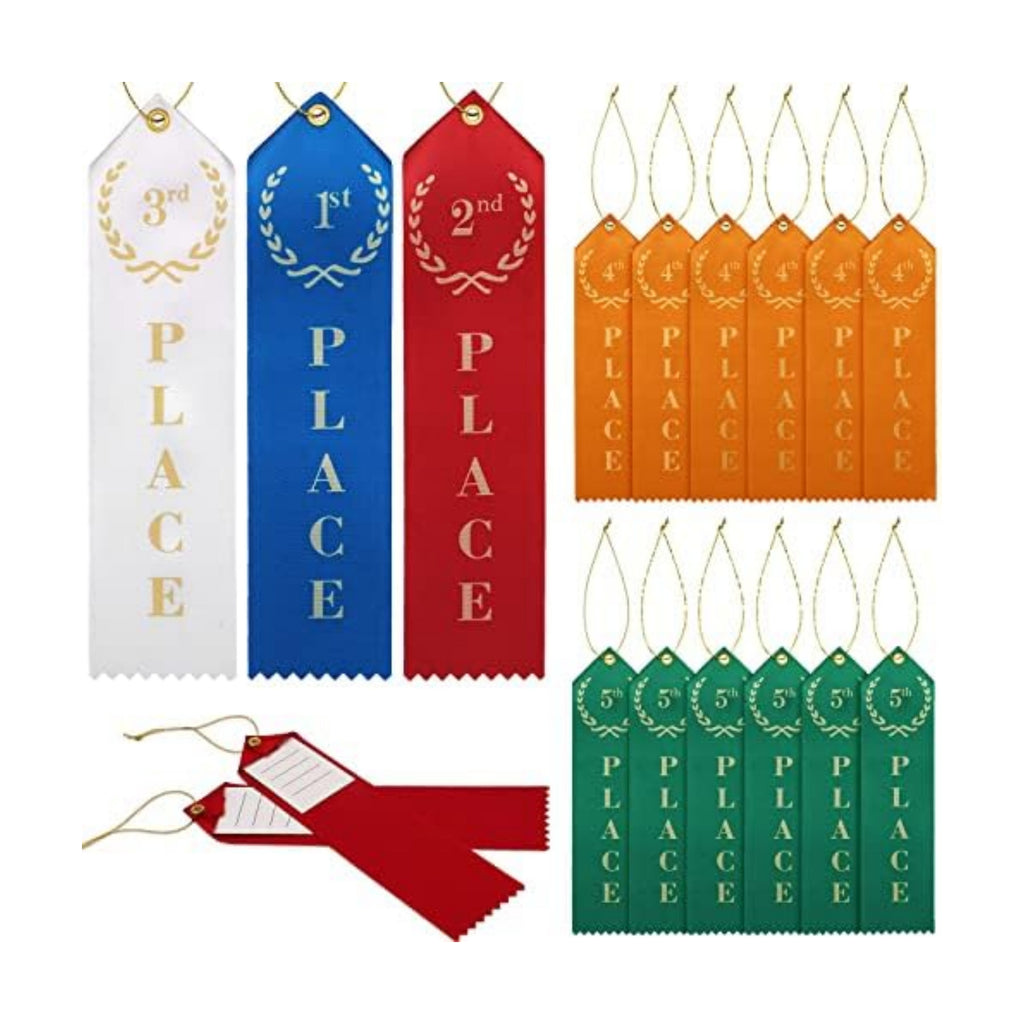 60 Pcs Award Ribbons Set for 1st - 5th, Event Card & Rope Included, Match Prize Place Ribbons Flat Carded for Competitions, Sports Events, School Challenges, Team, 5 Colors
