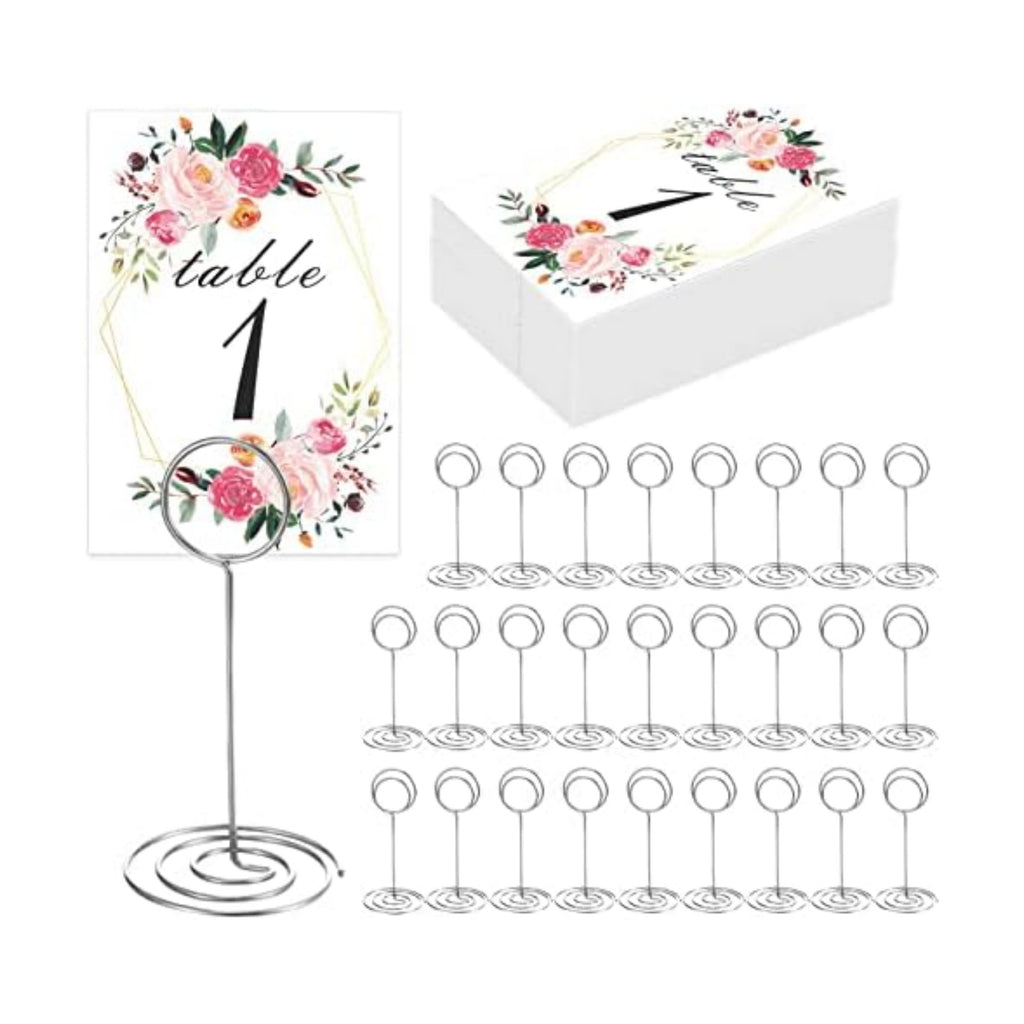 26 PCS Table Number Holder - Table Card Holder Stand Wire Photo Holder with 26 Pcs Floral Table Number Cards, Place Card Holder Stand for Weddings Party Office Paper Memo Menu Note Clips
