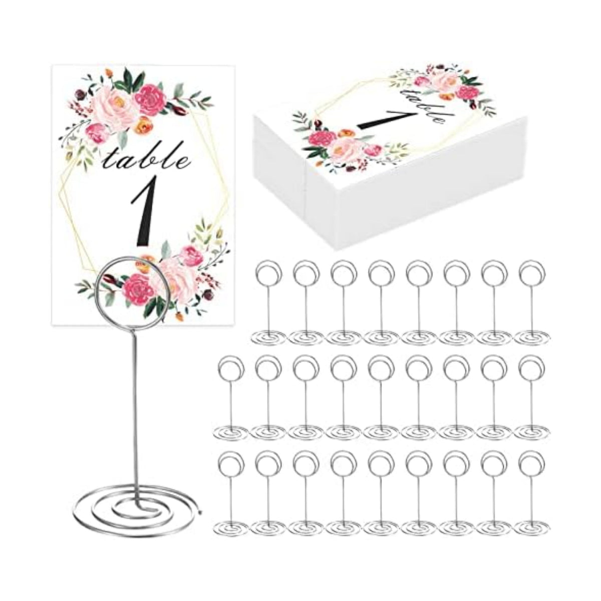 26 PCS Table Number Holder - Table Card Holder Stand Wire Photo Holder with 26 Pcs Floral Table Number Cards, Place Card Holder Stand for Weddings Party Office Paper Memo Menu Note Clips
