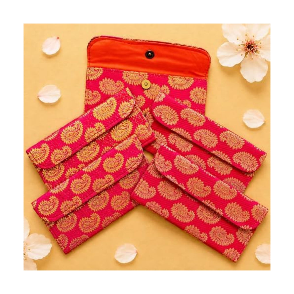 LoveNspire Brocade Fabric Money Envelopes (7.5 x 3.5 Inch) Decorative Paisley Pattern Shagun Lifafa for Indian Wedding, Birthday | Cash Gift Holder & Home Savings Organizer Magenta/Pack of 5