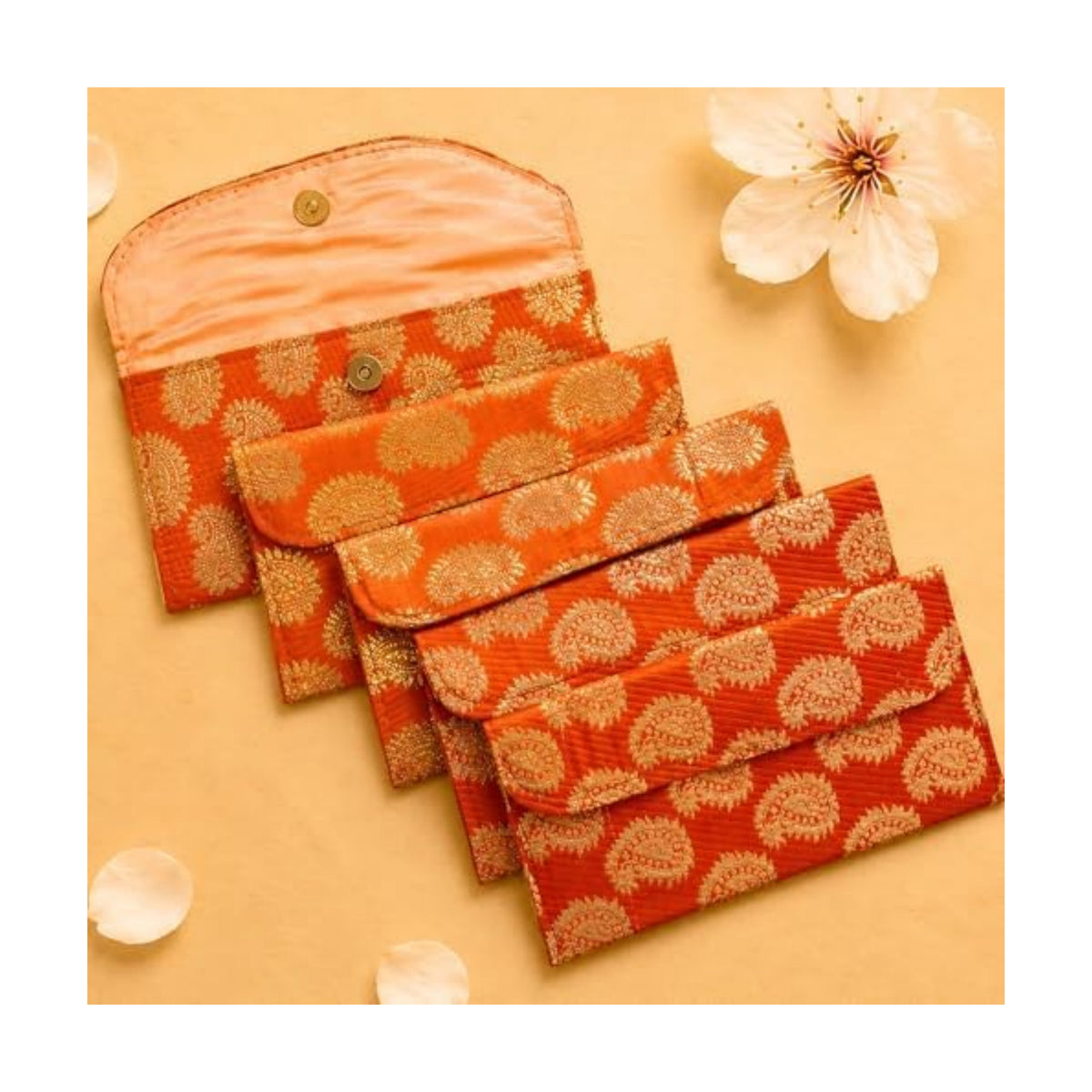 LoveNspire Brocade Fabric Money Envelopes (7.5 x 3.5 Inch) Decorative Paisley Pattern Shagun Lifafa for Indian Wedding, Birthday | Cash Gift Holder & Home Savings Organizer Orange/Pack of 5