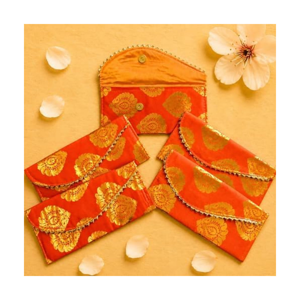 LoveNspire Brocade Fabric Money Envelopes (8 x 4 Inch) Decorative Floral Pattern Shagun Lifafa for Indian Wedding, Birthday | Cash Gift Holder & Home Savings Organizer Orange/Pack of 5