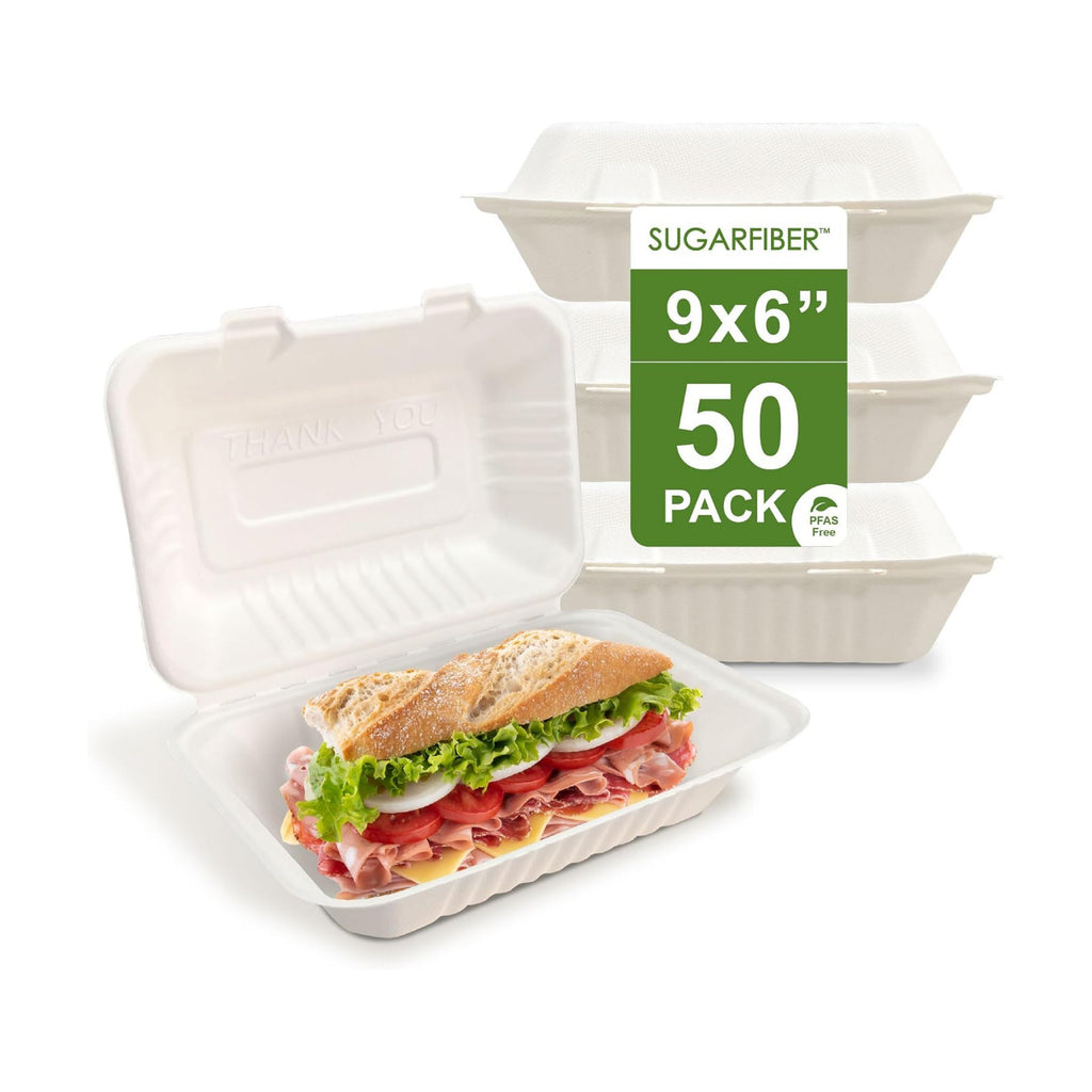 9X6 inch Compostable White Clamshell Take Out Food Containers togo boxes