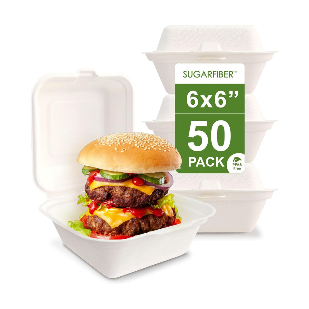 6X6 inch Compostable White Clamshell Take Out Food Containers with Lids