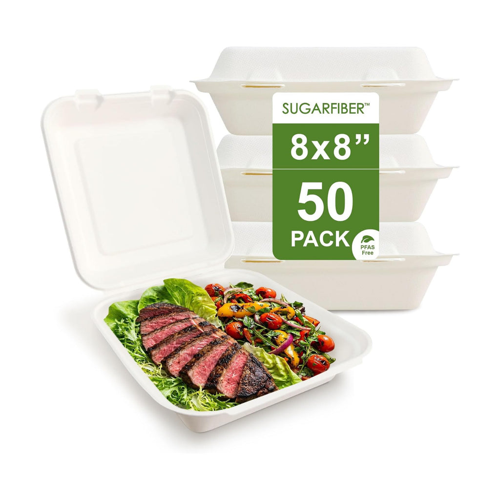 8X8 inch Compostable White Square Clamshell Take Out Food Containers togo