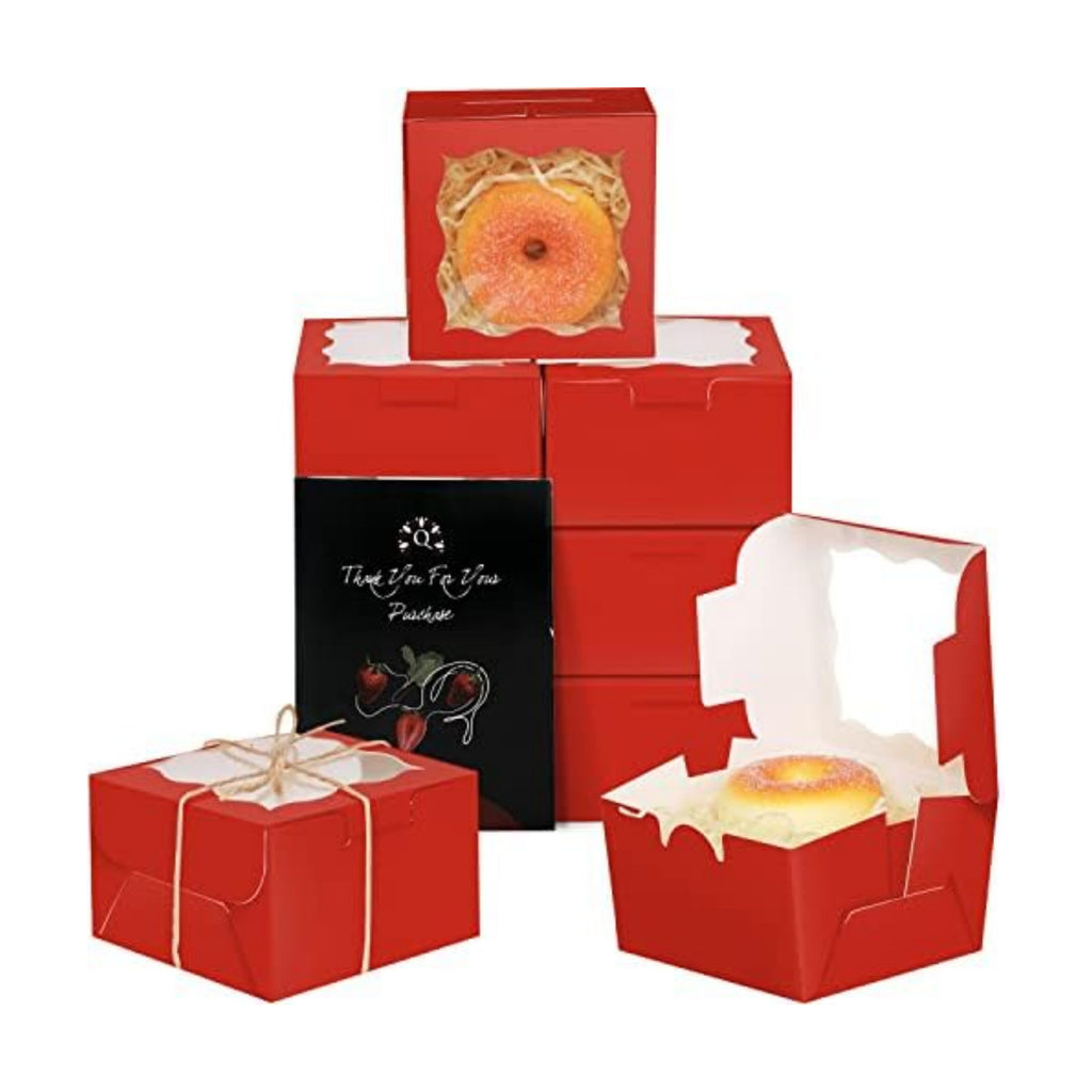 qiqee Red Bakery Boxes with Window 55pcs 4x4x2.5 Mini Cookie Boxes Macaron Boxes Small Donut Pastry Boxes for Party