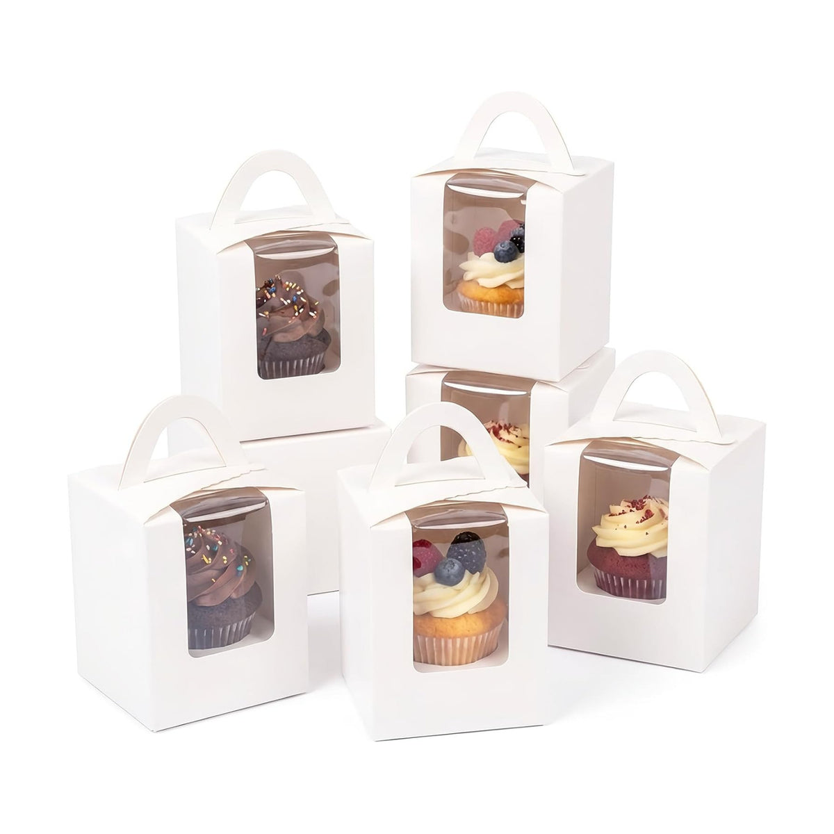 qiqee 100Pcs Auto Pop-up Cupcake Boxes Individual Cupcake Holders Disposable White Single Cupcake Boxes with Window 3.7"x3.7"x4.5" Cupcake Containers