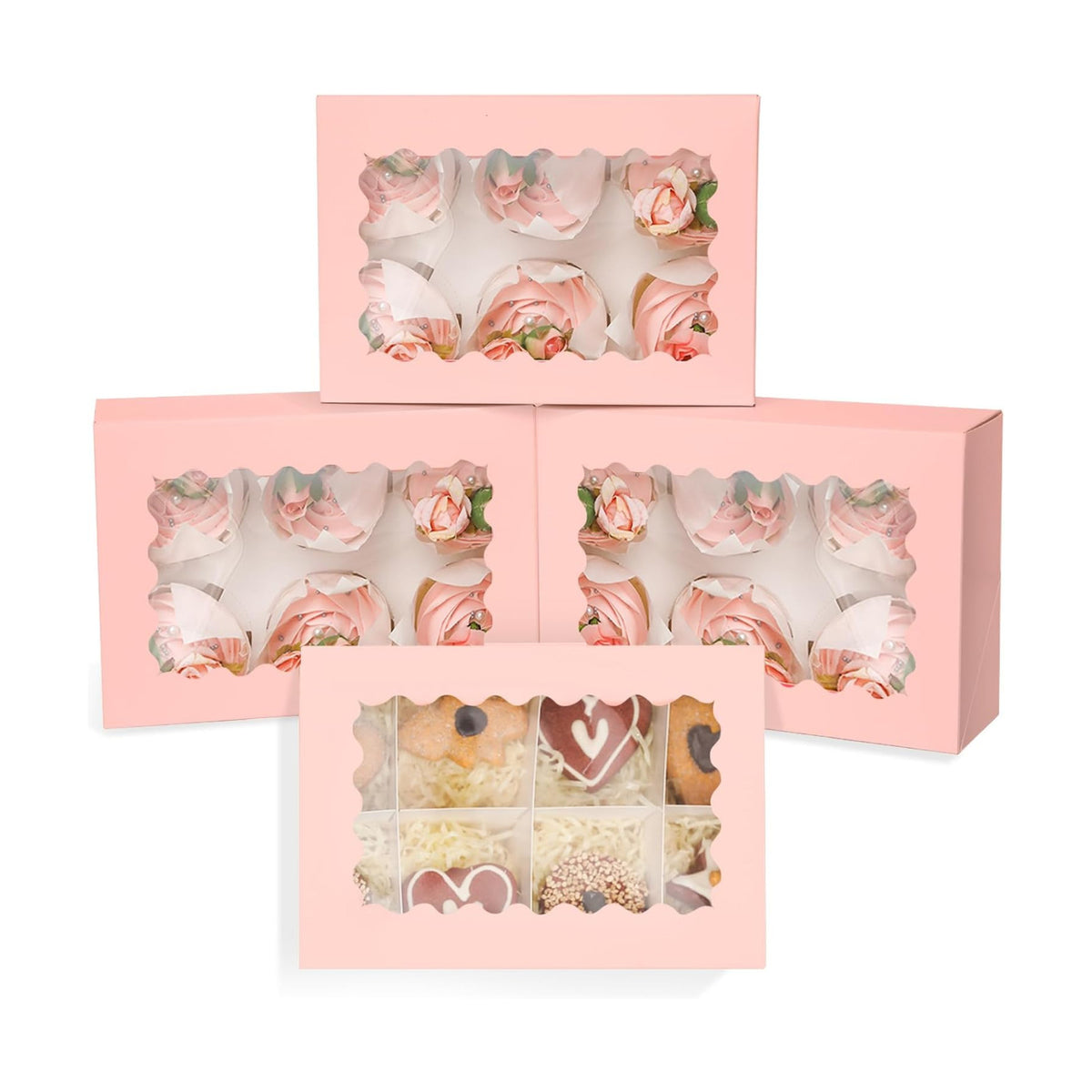 qiqee Pink Auto-pop up 6 Cupcake Boxes with Window 30 Packs Cupcake Box 9.4"x6.1"x3.3" Bakery Boxes For Cupcakes Carrier, Cupcake Containers