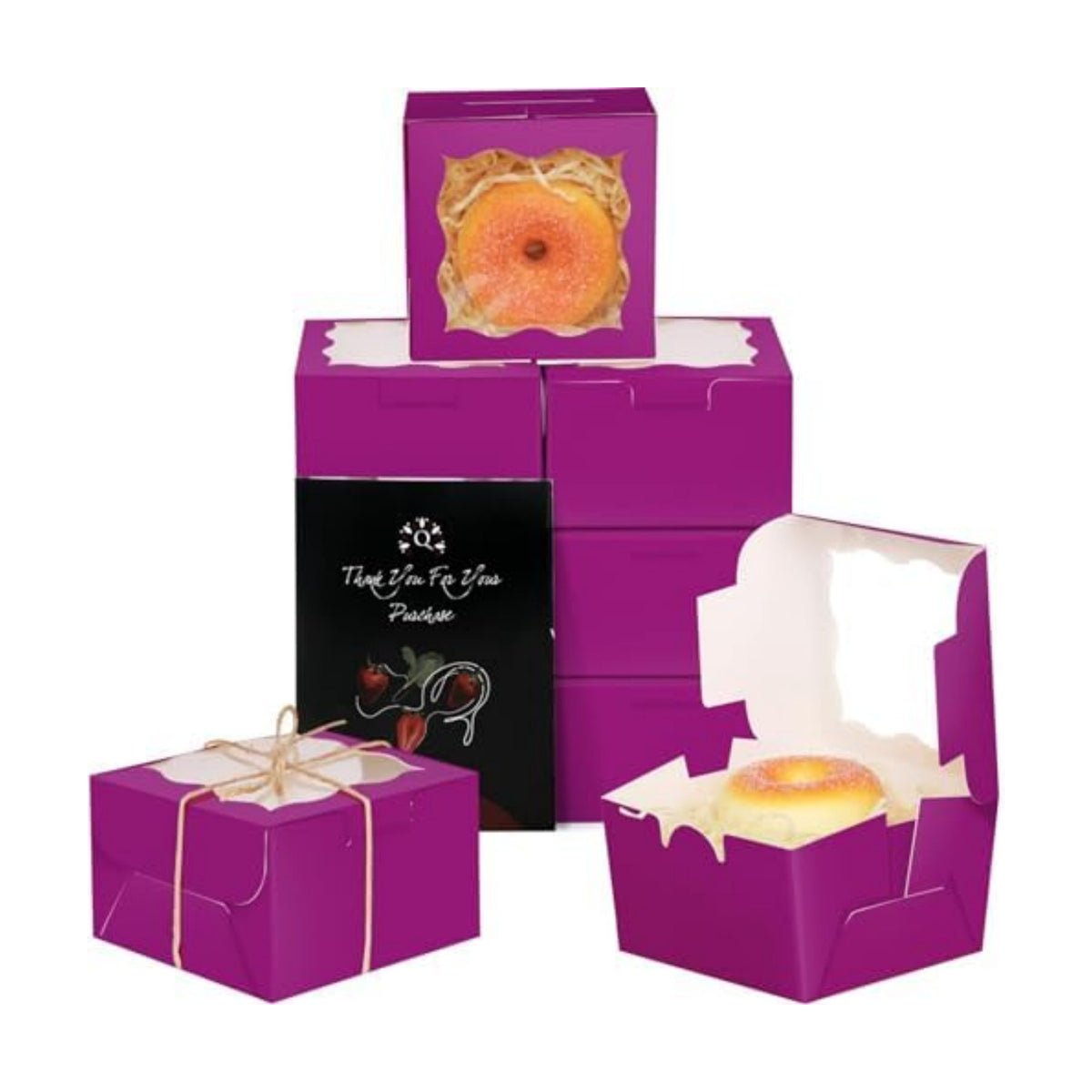 qiqee 4*4*2.5inch/55Packs Bakery Box with Window Deep Purple Macaron Boxes Small Donut Pastry Boxes for Party Mini Cookie Boxes(5 Diferent Gift Include)