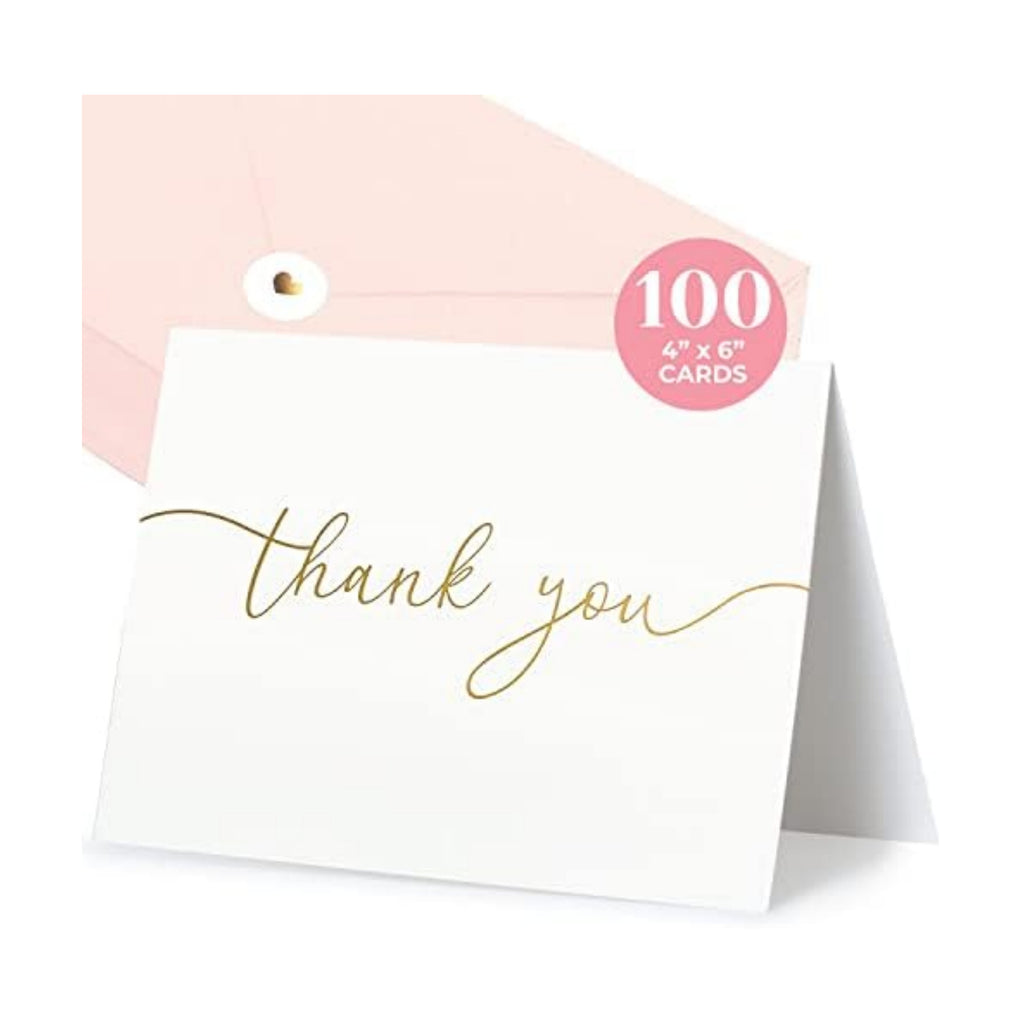 100 Heavyweight Blank Thank You Cards with Envelopes & Stickers, Premium Thank You Cards Wedding with Envelopes Set, Bulk Gold Script Notes, Wedding & Bridal Shower Set, (4 x 6 Inches) (100 Pack)
