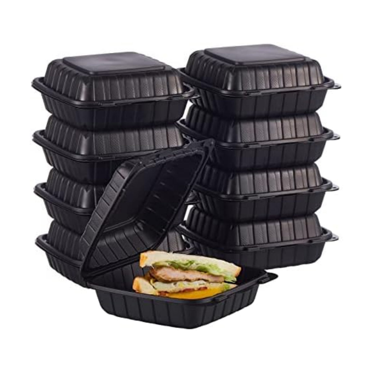 8X8" 1-Compartment 50-Pack Plastic Clamshell To Go Containers Food Carryout Lunch Box Packaging For Sandwich Salad Heavy Duty Disposable Restaurant Service Catering Meal Hinged With Secure Snap Lid