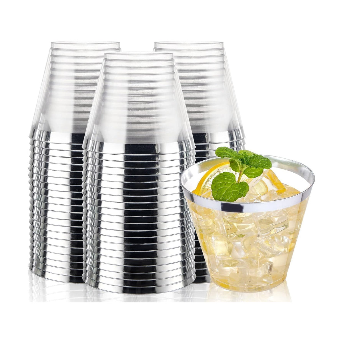 I00000 200PCS Silver Plastic Cups, 9 OZ Disposable Clear Plastic Cups