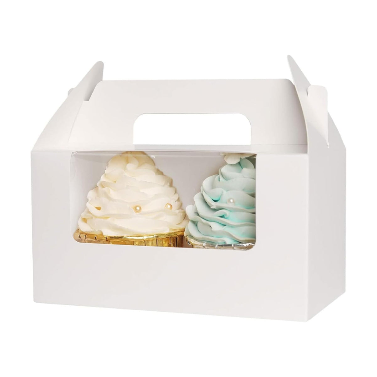 qiqee 100 Packs Cupcake Box Two Holder 6.5x3.6x3.5inch(2.2" Top) White 2 Cupcake Boxes With Window（100 Boxes+100 Inserts）