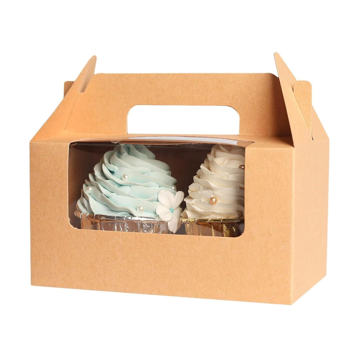 qiqee 100 Packs Cupcake Box Two Holder 6.5x3.6x3.5inch(2.2" Top) Kraft 2 Cupcake Boxes With Window（100 Boxes+100 Inserts）